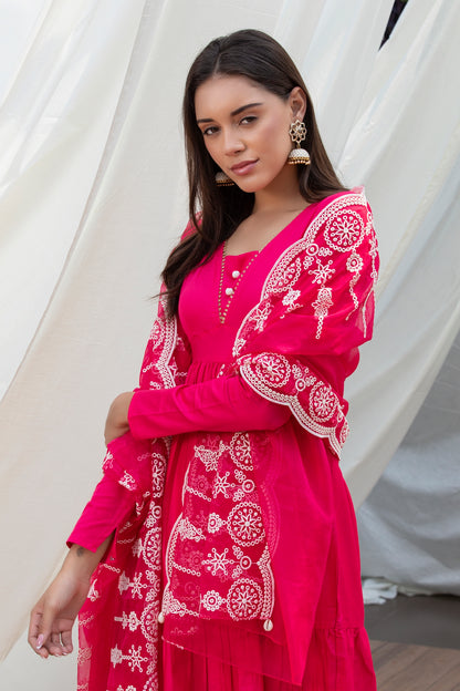 Fuschia Pink Cotton Satin Scallop Embroidered Suit Set