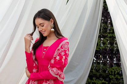 Fuschia Pink Cotton Satin Scallop Embroidered Suit Set