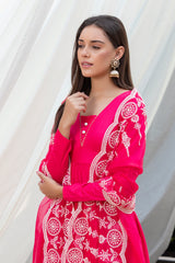 Fuschia Pink Cotton Satin Scallop Embroidered Suit Set