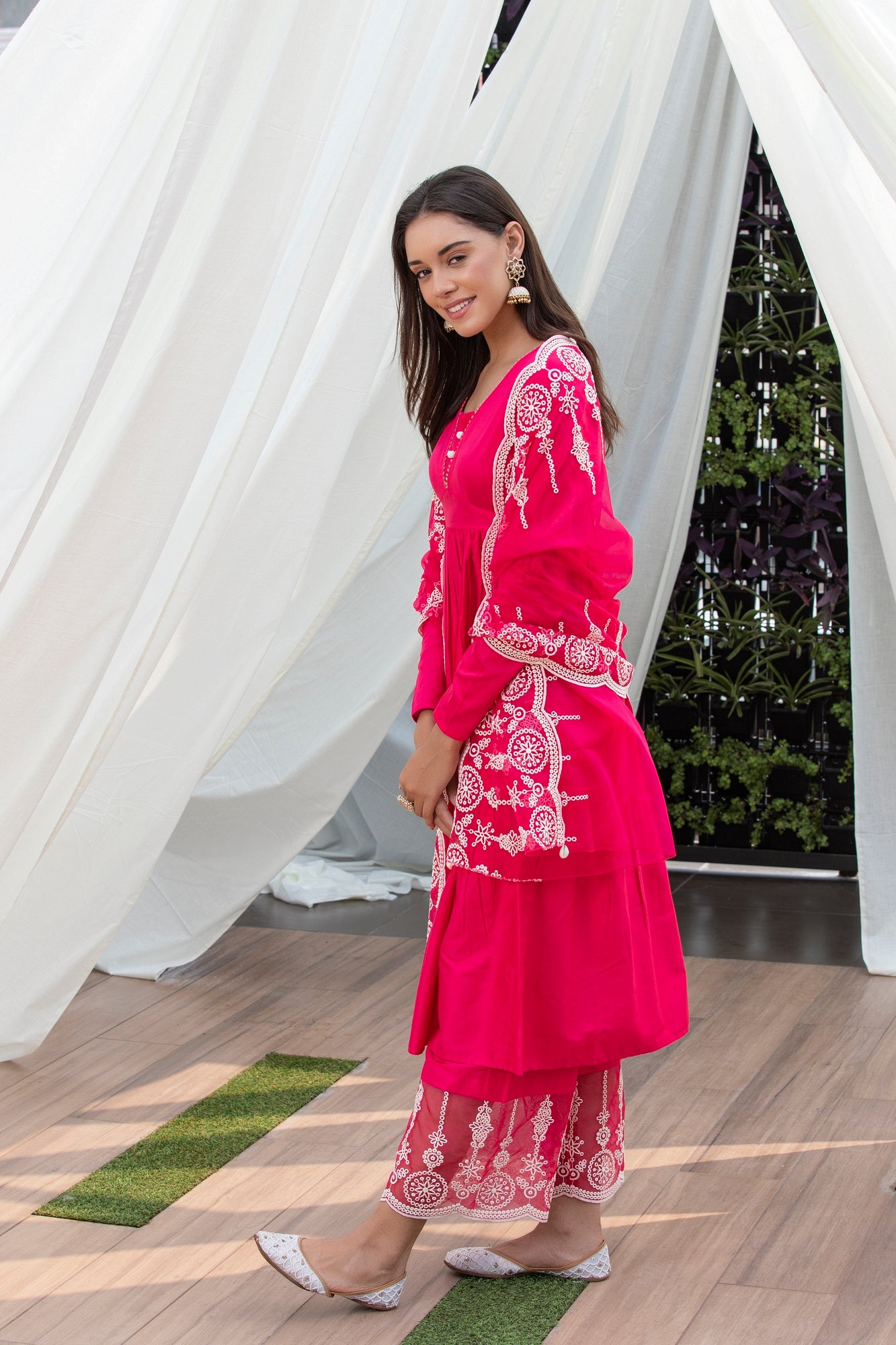 Fuschia Pink Cotton Satin Scallop Embroidered Suit Set
