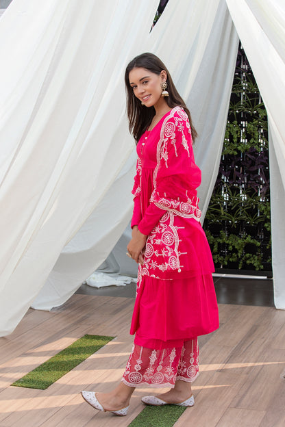 Fuschia Pink Cotton Satin Scallop Embroidered Suit Set