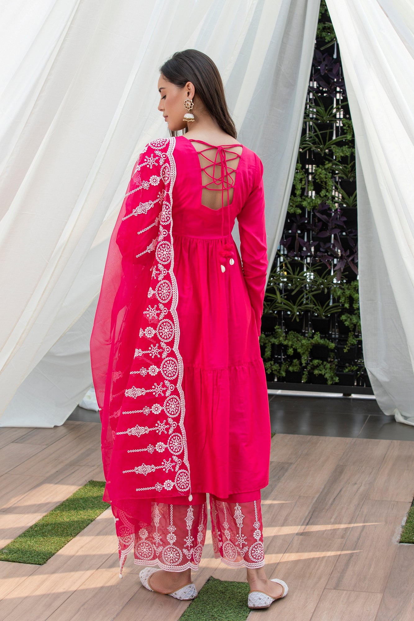 Fuschia Pink Cotton Satin Scallop Embroidered Suit Set