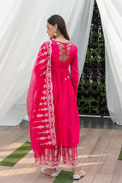 Fuschia Pink Cotton Satin Scallop Embroidered Suit Set