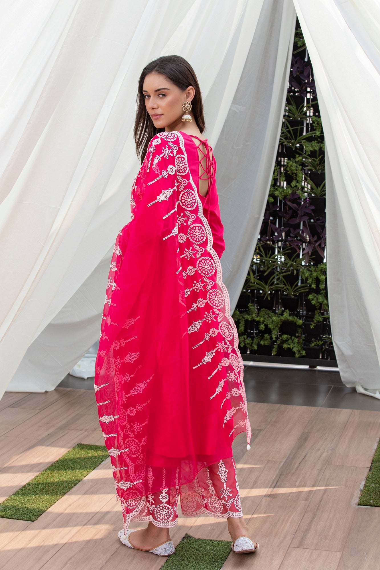 Fuschia Pink Cotton Satin Scallop Embroidered Suit Set