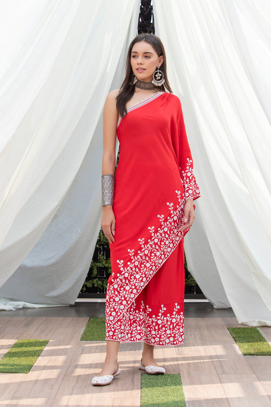 Red Embroidered Indie-Fusion Set