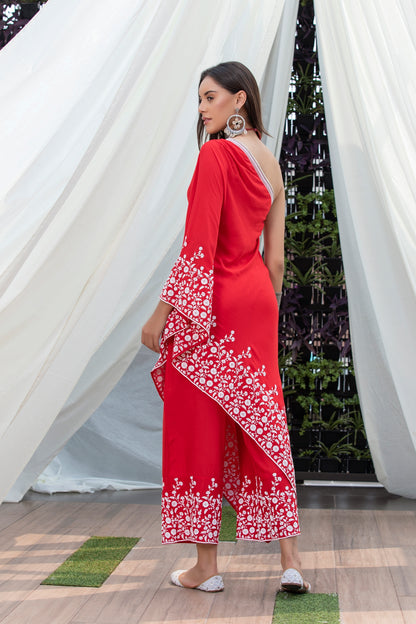 Red Embroidered Indie-Fusion Set
