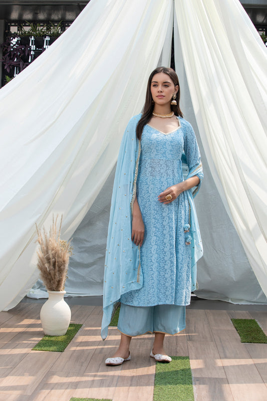 Sky Blue Lucknowi Chikankari Suit Set