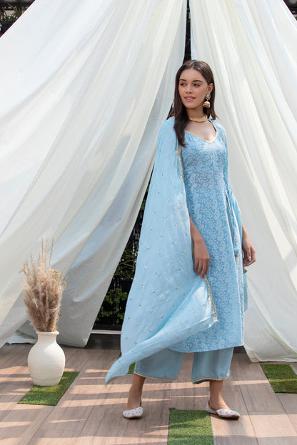 Sky Blue Lucknowi Chikankari Suit Set