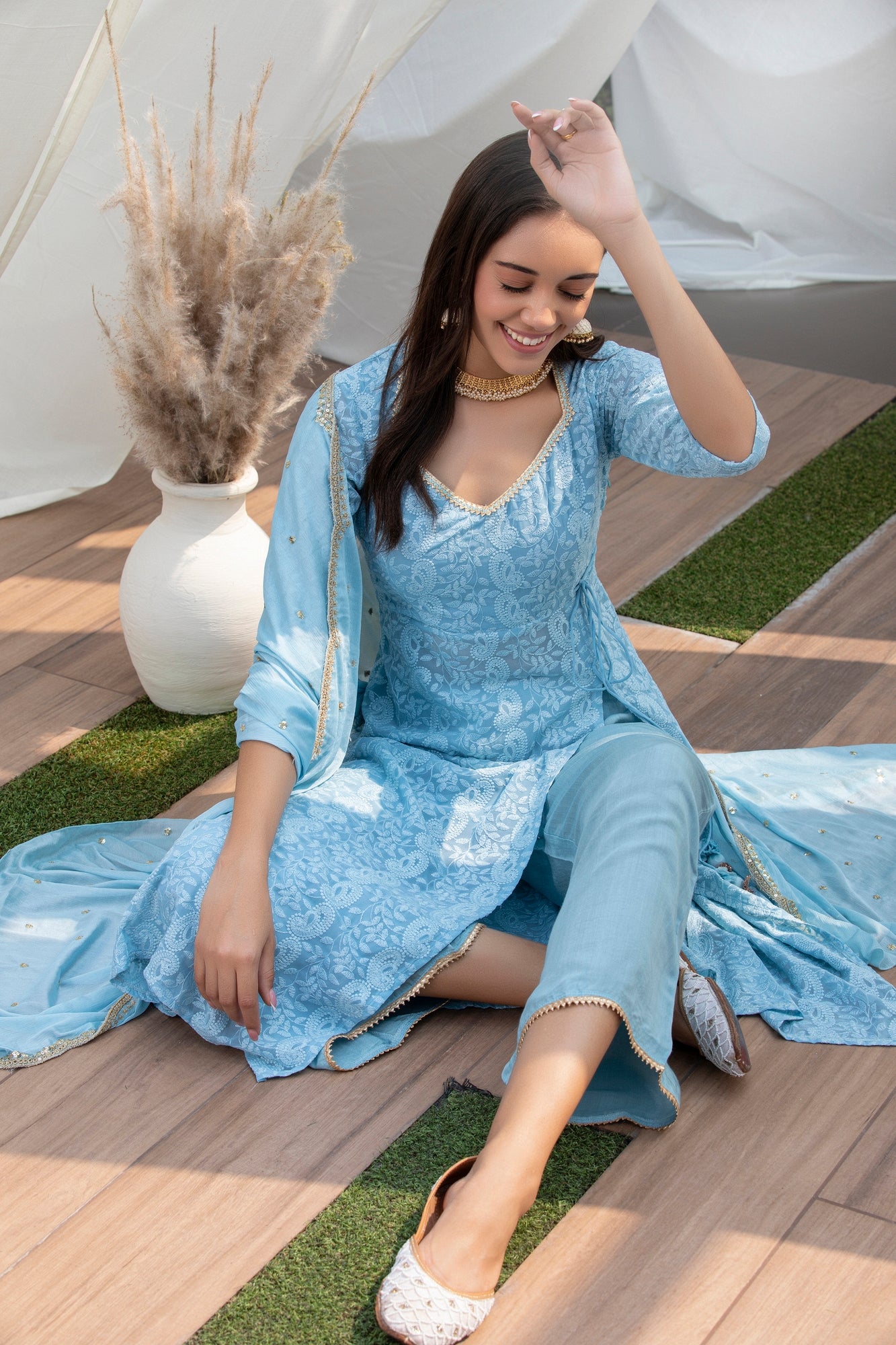 Sky Blue Lucknowi Chikankari Suit Set