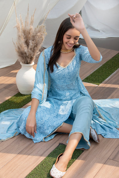 Sky Blue Lucknowi Chikankari Suit Set