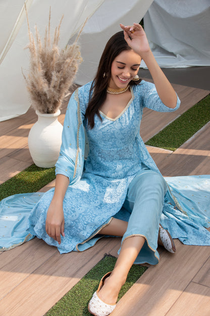 Sky Blue Lucknowi Chikankari Suit Set