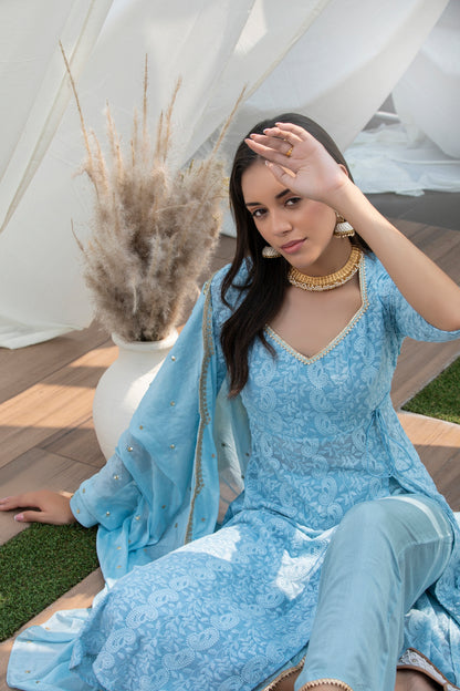Sky Blue Lucknowi Chikankari Suit Set