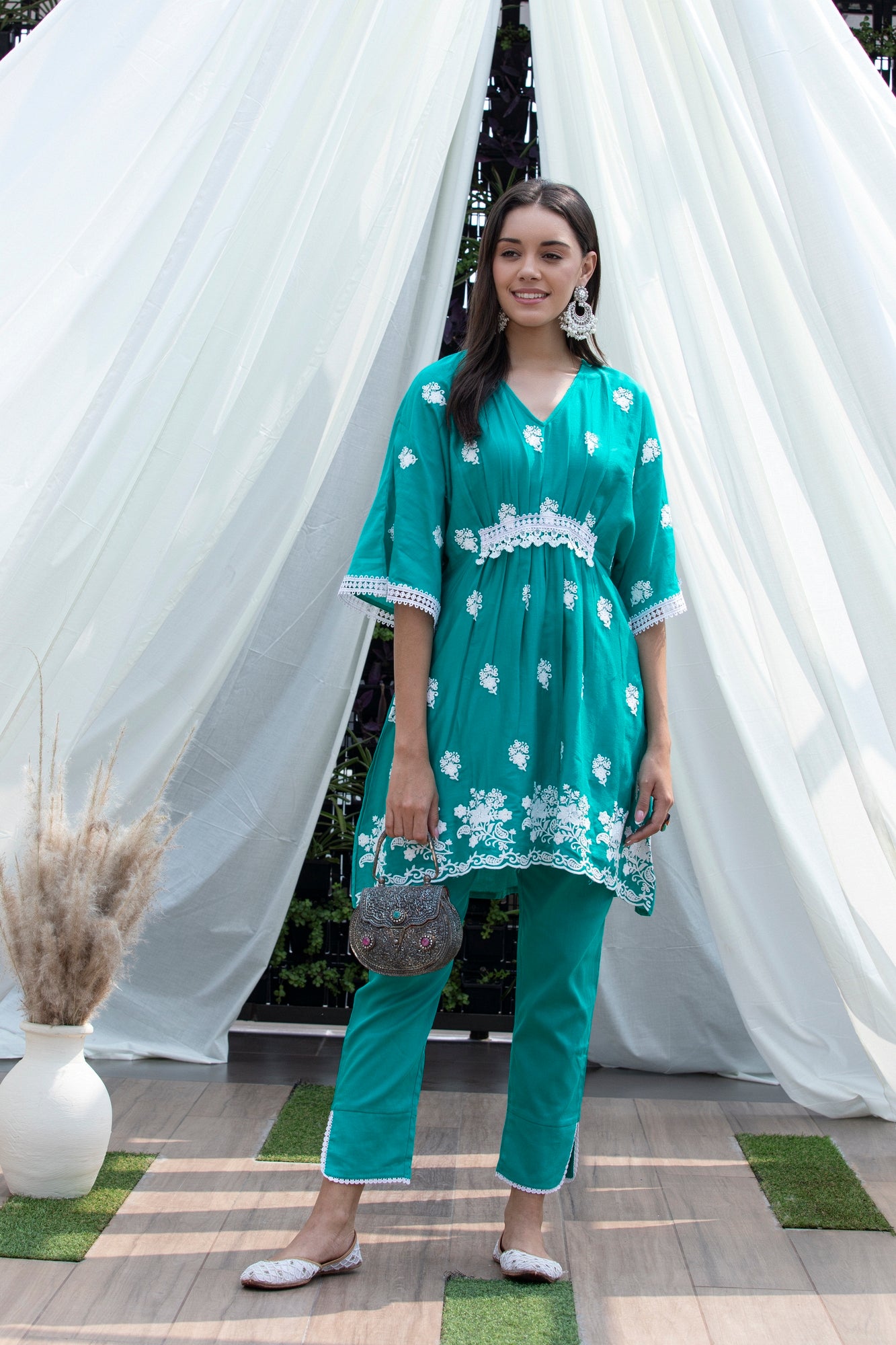 Teal Embroidered Kaftan Style Set