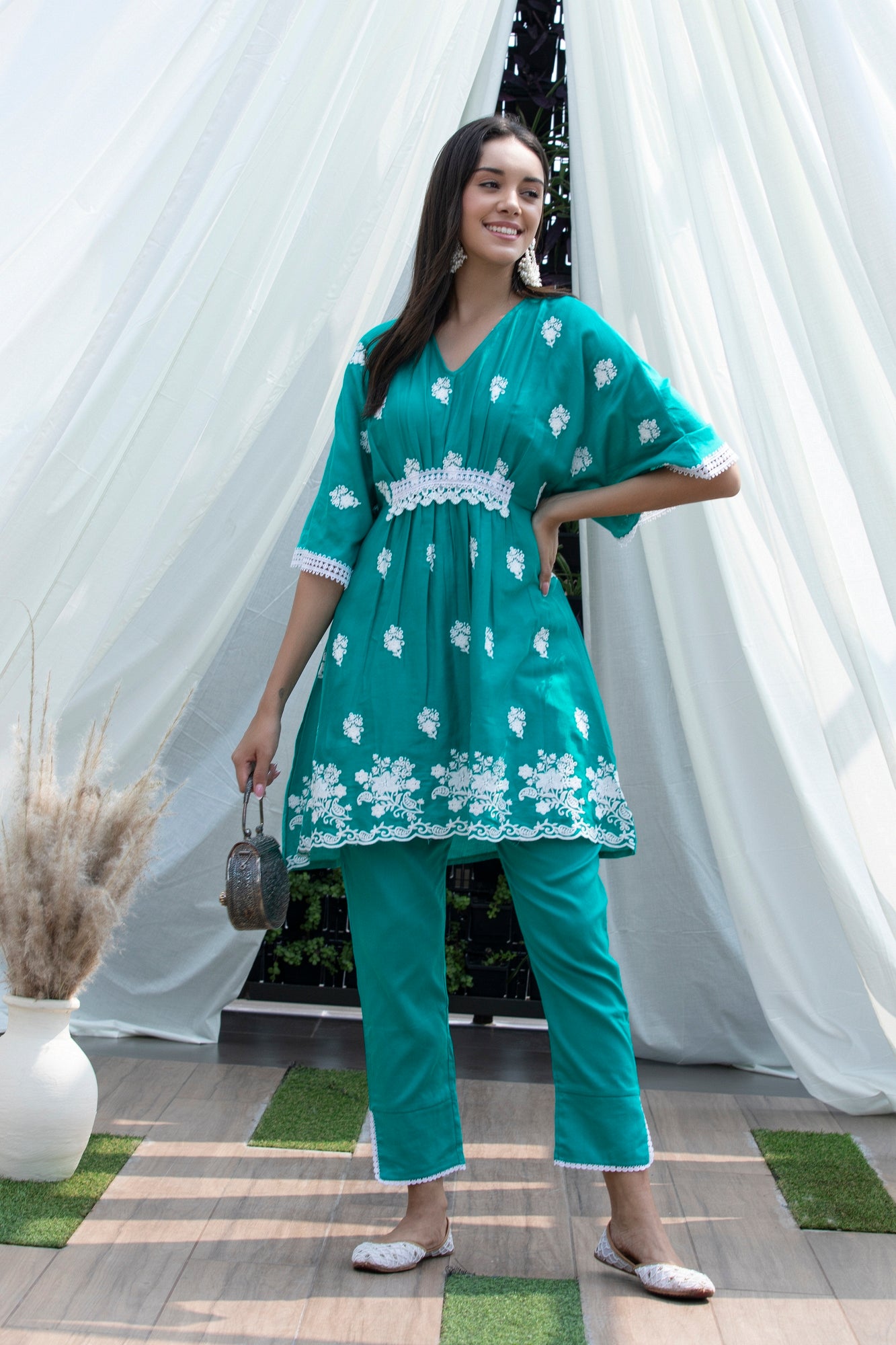 Teal Embroidered Kaftan Style Set