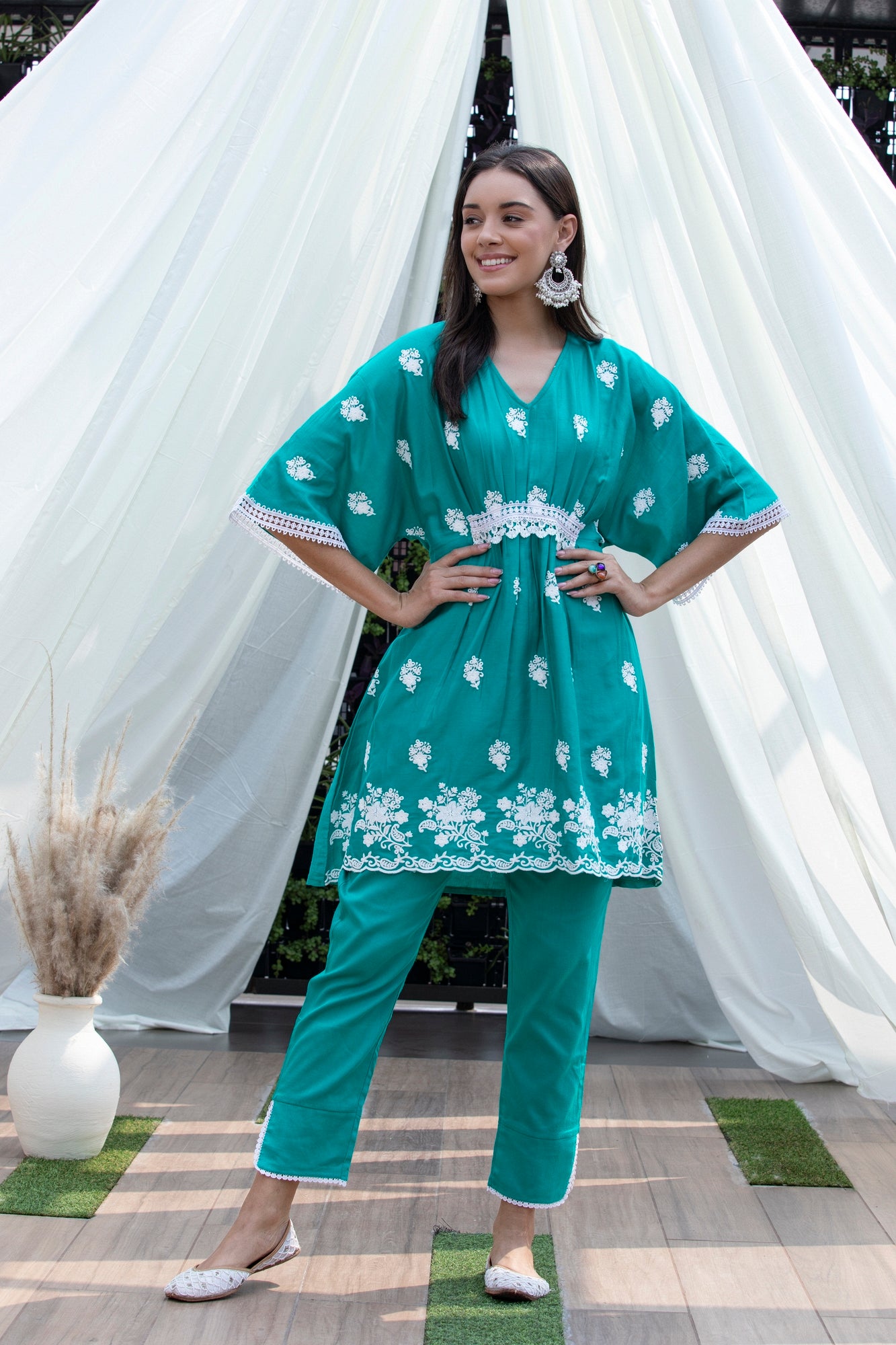 Teal Embroidered Kaftan Style Set