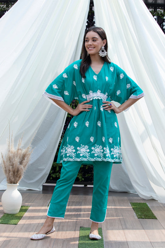 Teal Embroidered Kaftan Style Set