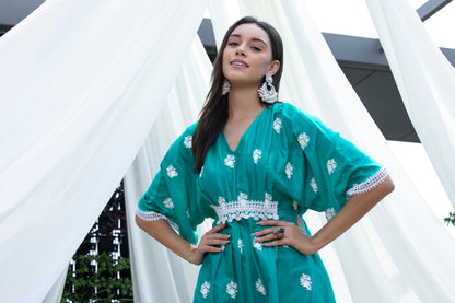 Teal Embroidered Kaftan Style Set
