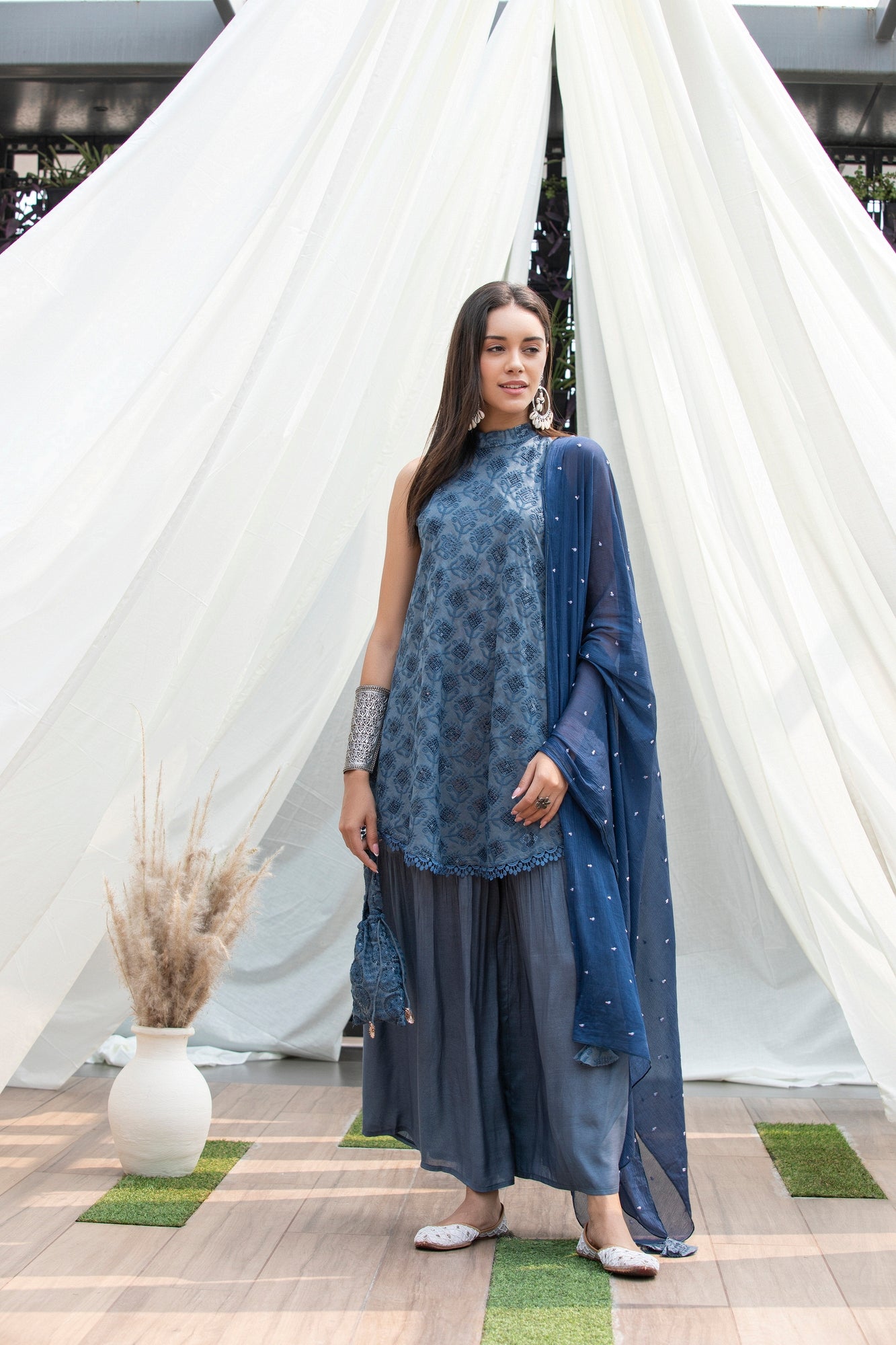 Stone Grey Halter Sequence Embroidered Suit Set