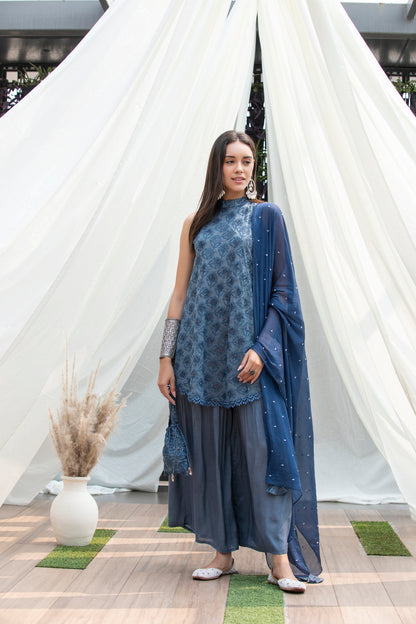 Stone Grey Halter Sequence Embroidered Suit Set