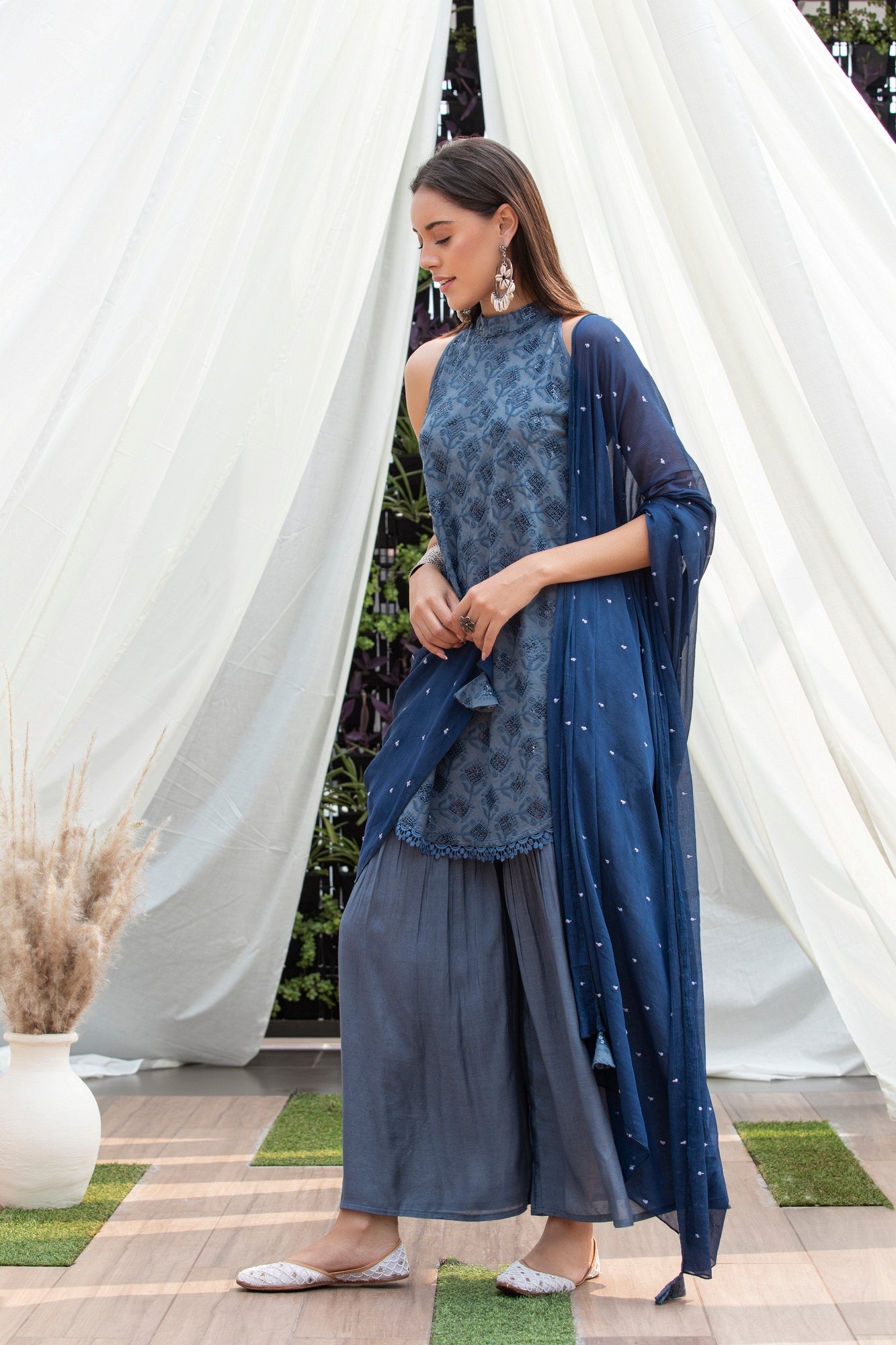 Stone Grey Halter Sequence Embroidered Suit Set