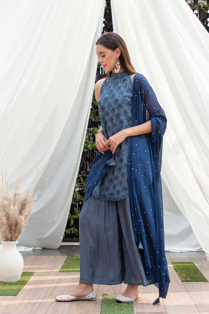 Stone Grey Halter Sequence Embroidered Suit Set