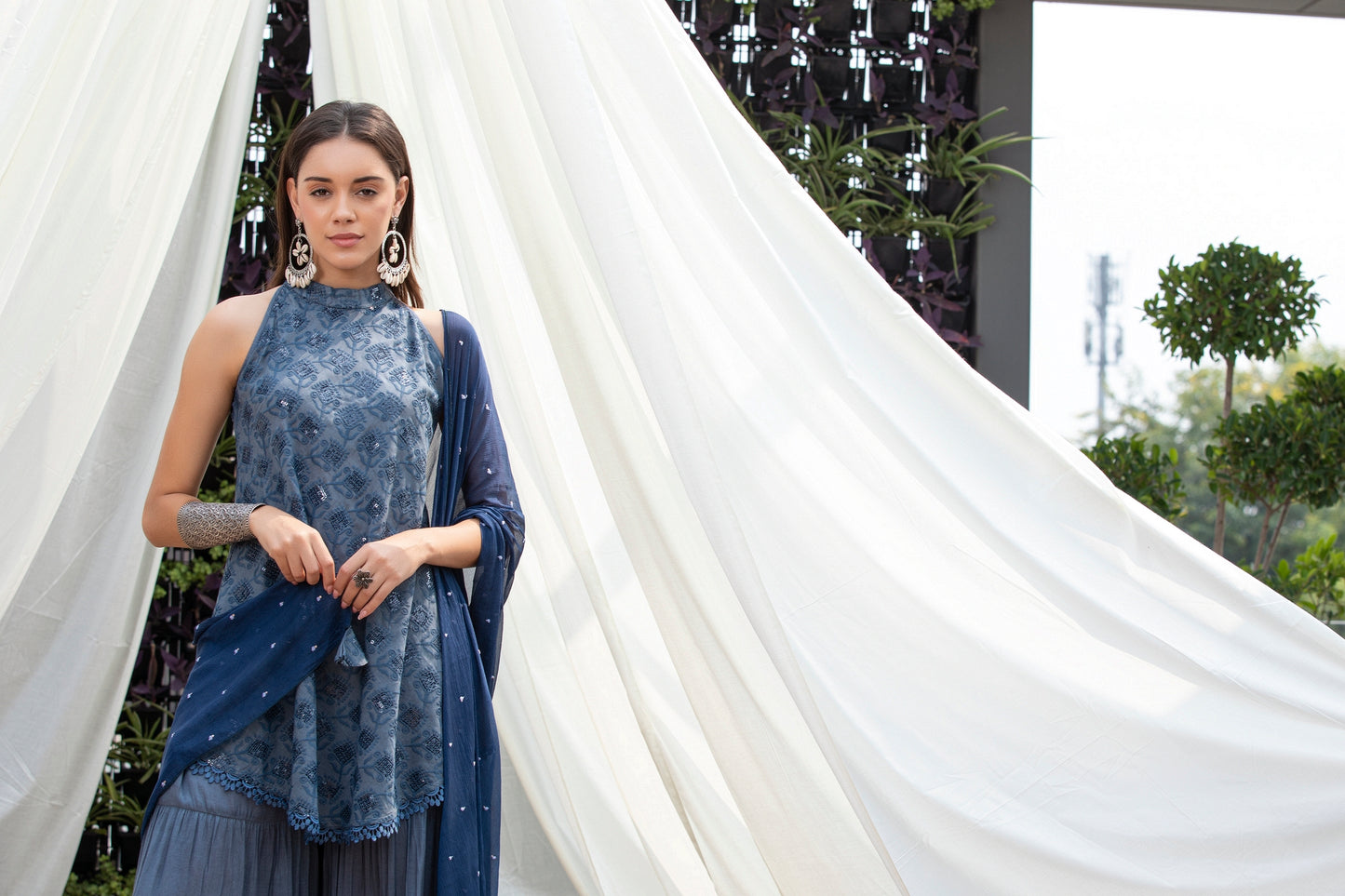 Stone Grey Halter Sequence Embroidered Suit Set