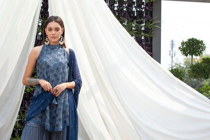 Stone Grey Halter Sequence Embroidered Suit Set