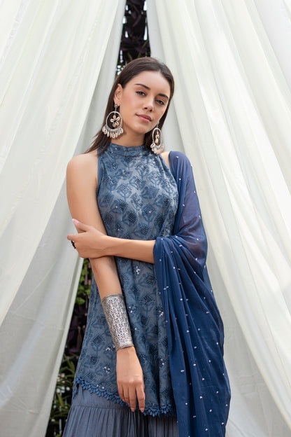 Stone Grey Halter Sequence Embroidered Suit Set