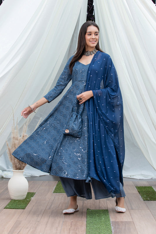 Slate Grey Sequence Embroidered Suit Set