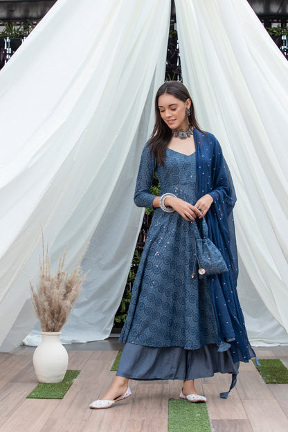 Slate Grey Sequence Embroidered Suit Set