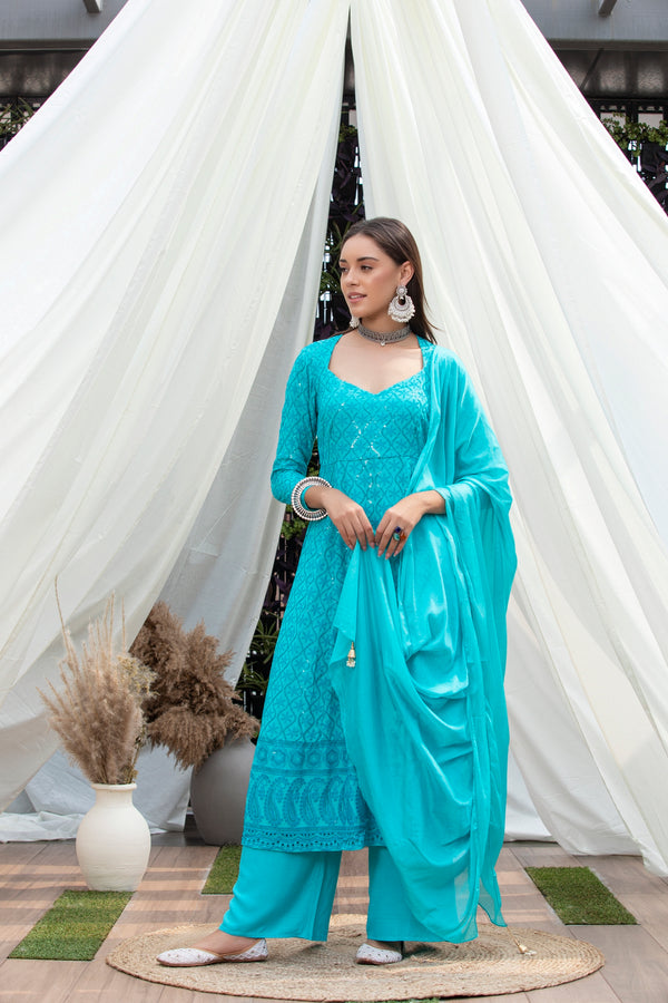 Aqua Rayon Sequence Embroidered Suit Set