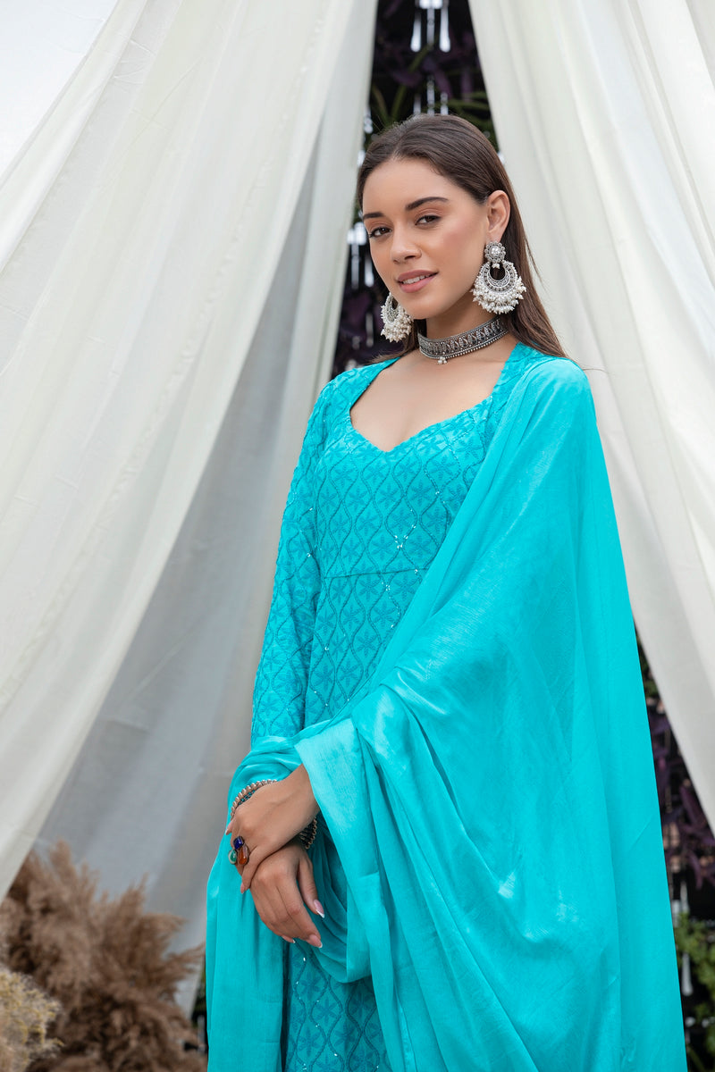 Aqua Rayon Sequence Embroidered Suit Set