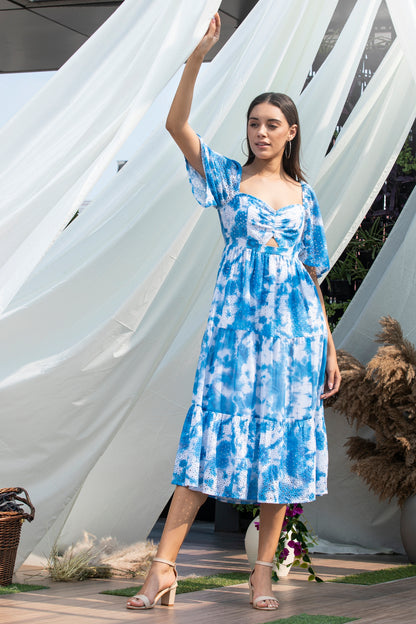Blue Tie-Dye Schiffli Midi Dress