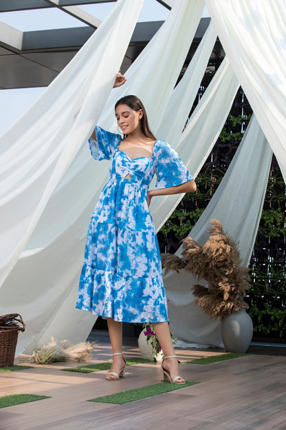 Blue Tie-Dye Schiffli Midi Dress