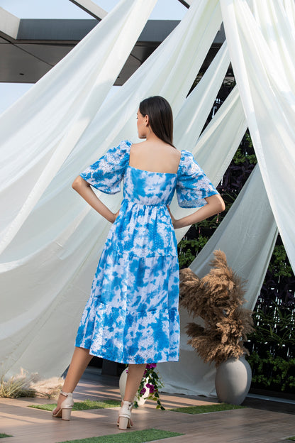 Blue Tie-Dye Schiffli Midi Dress