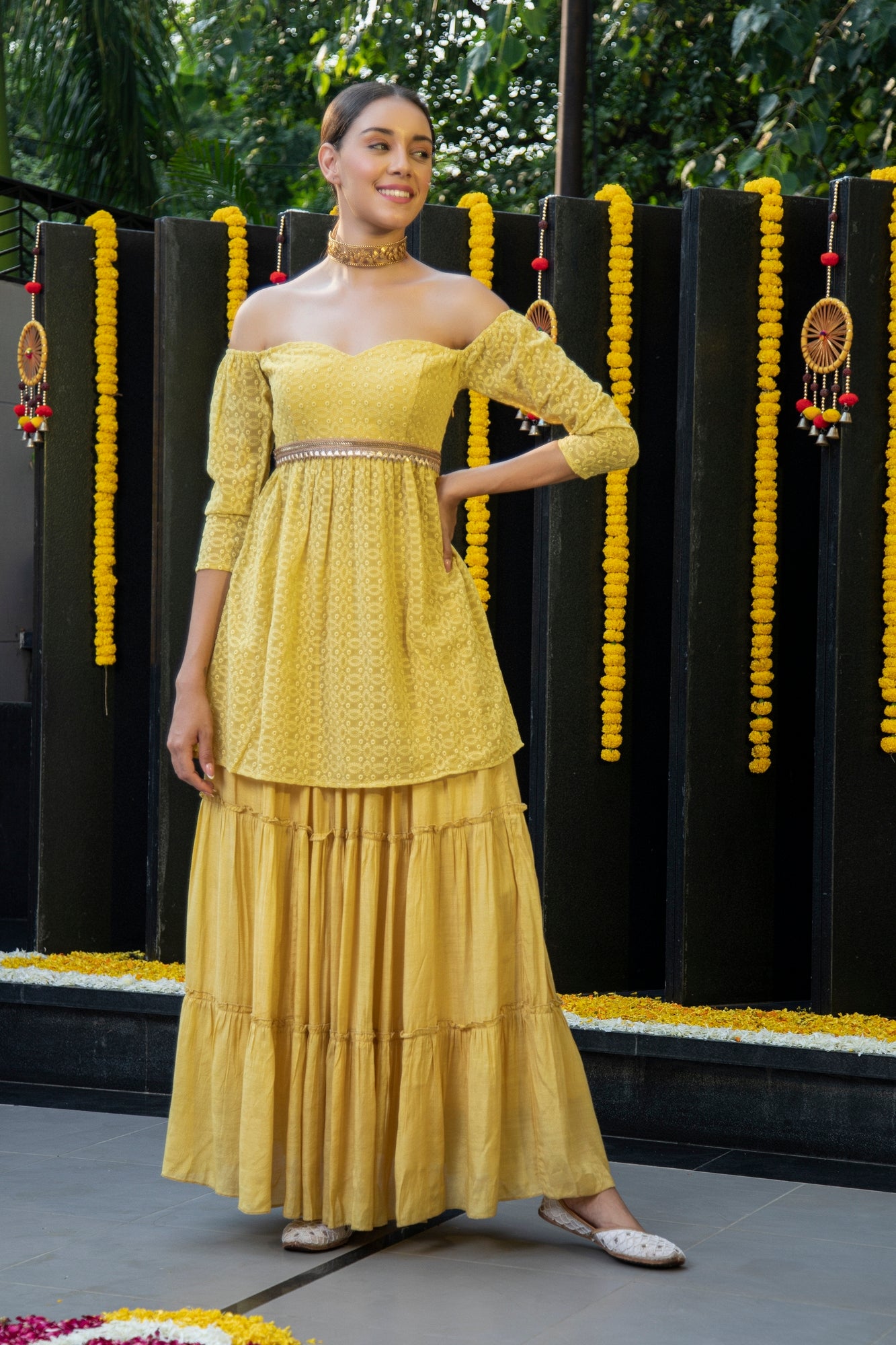 Dandelion Off-Shoulder Kurta and Skirt Set