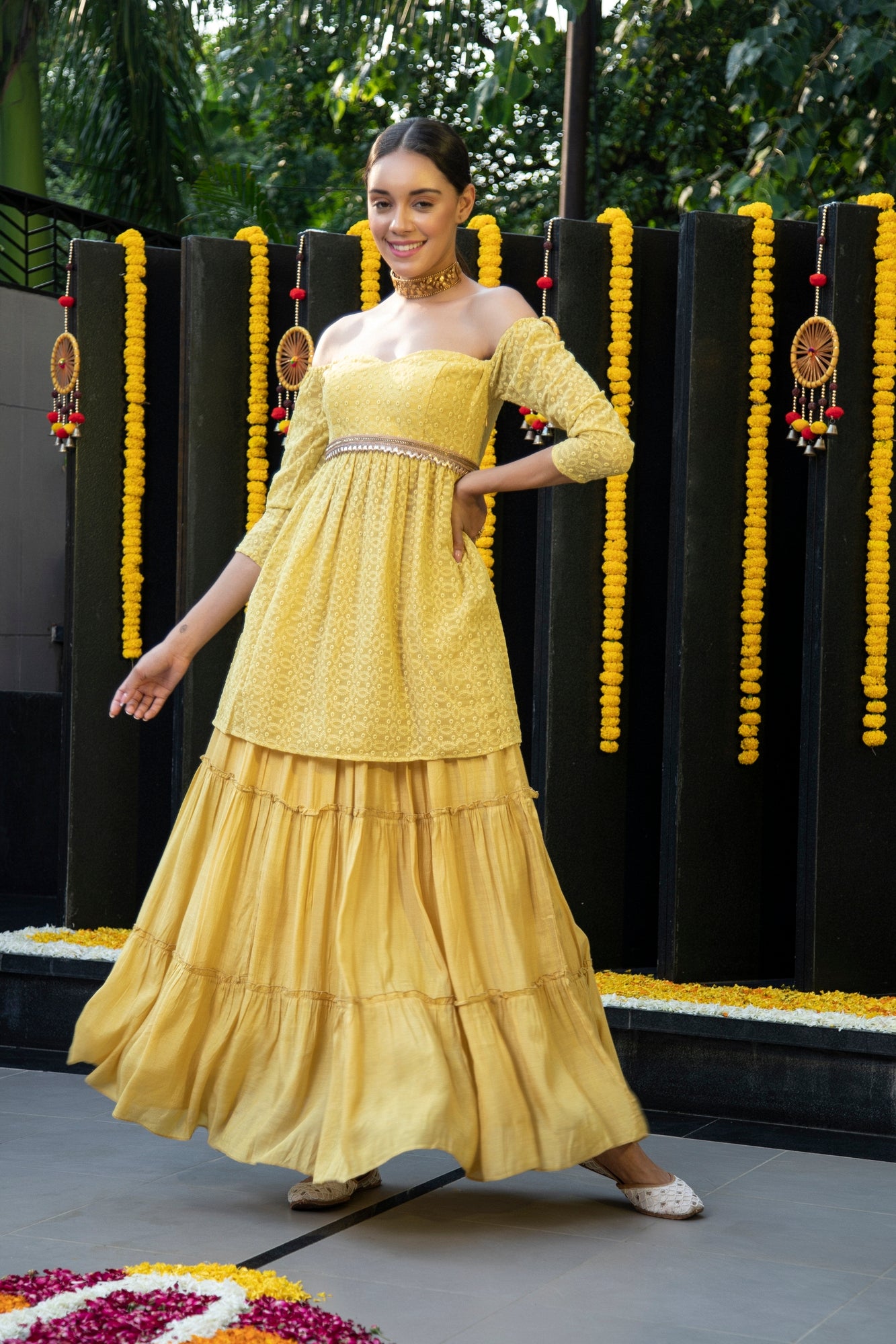 Dandelion Off-Shoulder Kurta and Skirt Set
