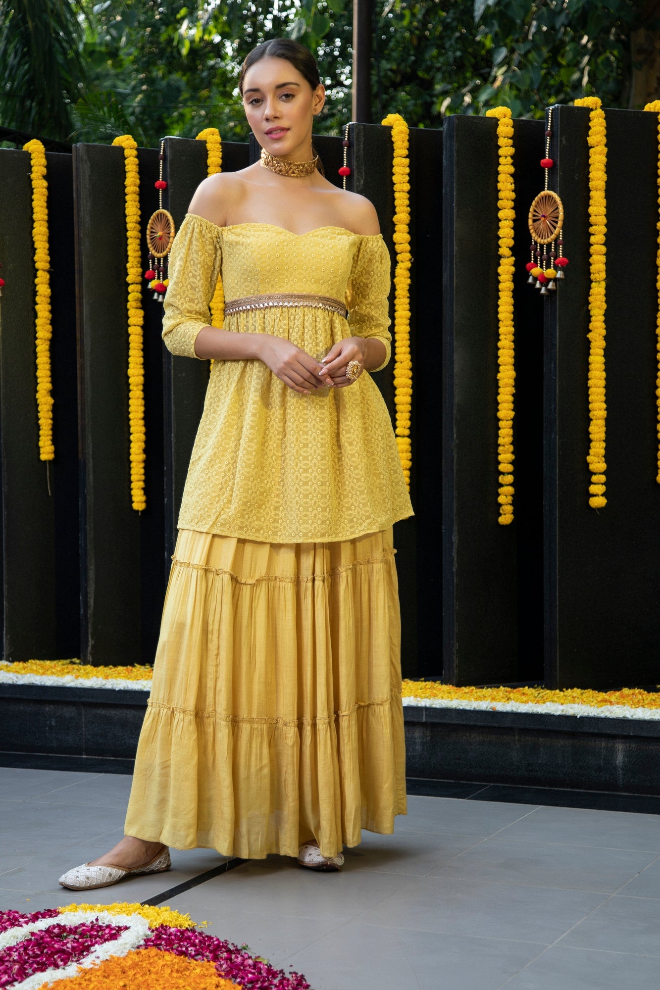 Dandelion Off-Shoulder Kurta and Skirt Set