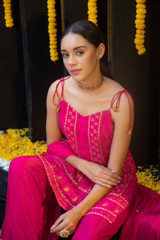 Majenta and Gold Embroidered Halter Suit Set