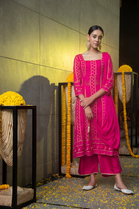 Hot Pink and Gold Chikankari Kurta Set with Dupatta