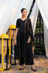 Black Sequence Embroidered Kurta Set with Scallop Embroidered Dupatta