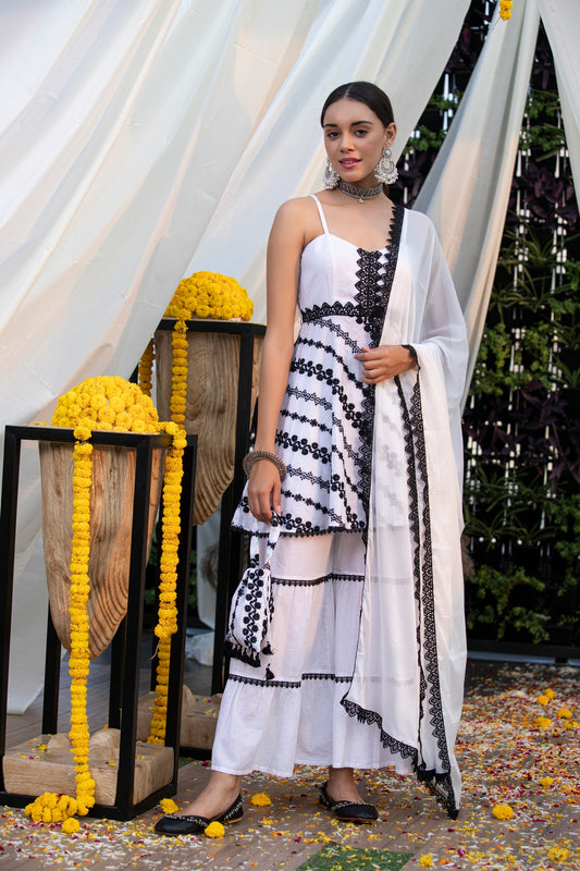 White Halter Monochrome Embroidered Suit Set