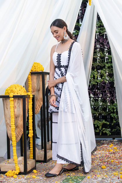 White Halter Monochrome Embroidered Suit Set
