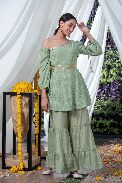 Green Chikankari Drop-Shoulder Fusion Set