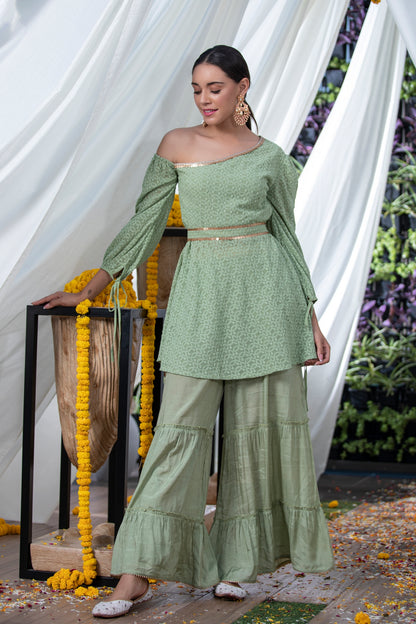 Green Chikankari Drop-Shoulder Fusion Set