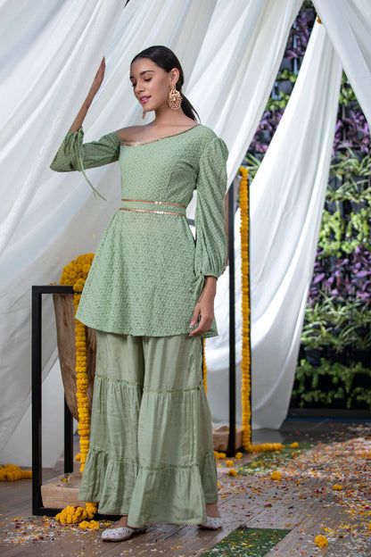 Green Chikankari Drop-Shoulder Fusion Set