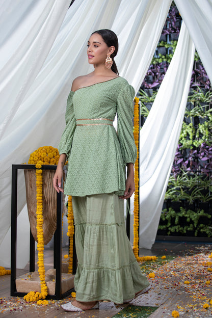 Green Chikankari Drop-Shoulder Fusion Set