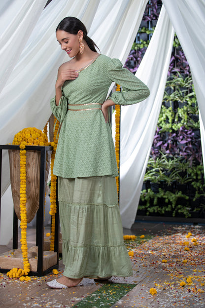 Green Chikankari Drop-Shoulder Fusion Set