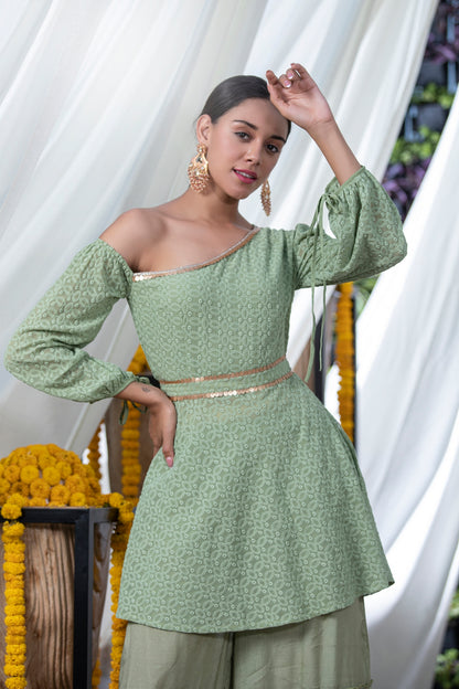 Green Chikankari Drop-Shoulder Fusion Set