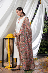 Cream Embroidered Suit Set With Organza Dupatta